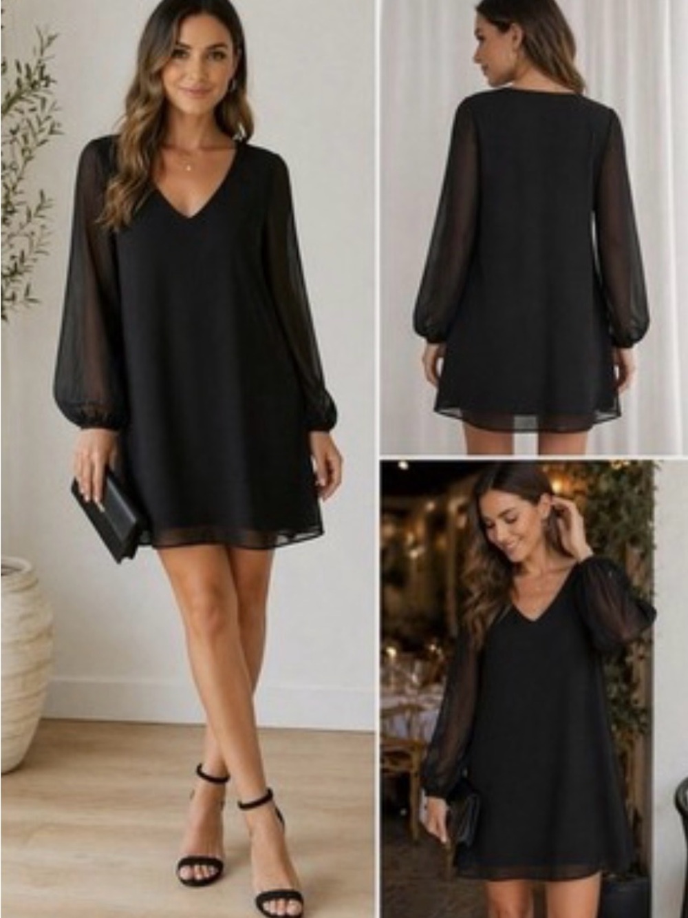 Lulu's Black V-Neck Sheer-Sleeve Mini Dress